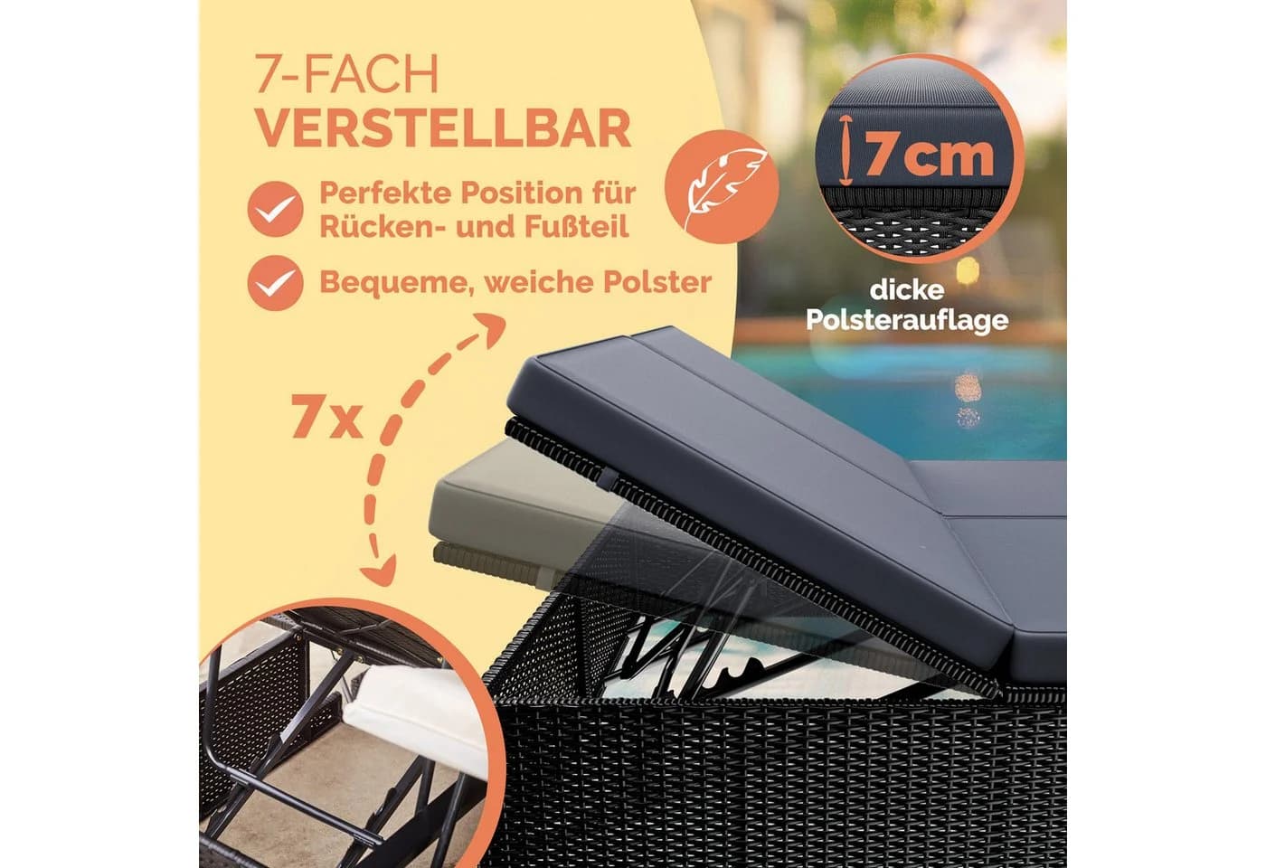 Casaria Gartenliege Doppelliege 7-fach Verstellbar Schwarz/Grau - Bild 5
