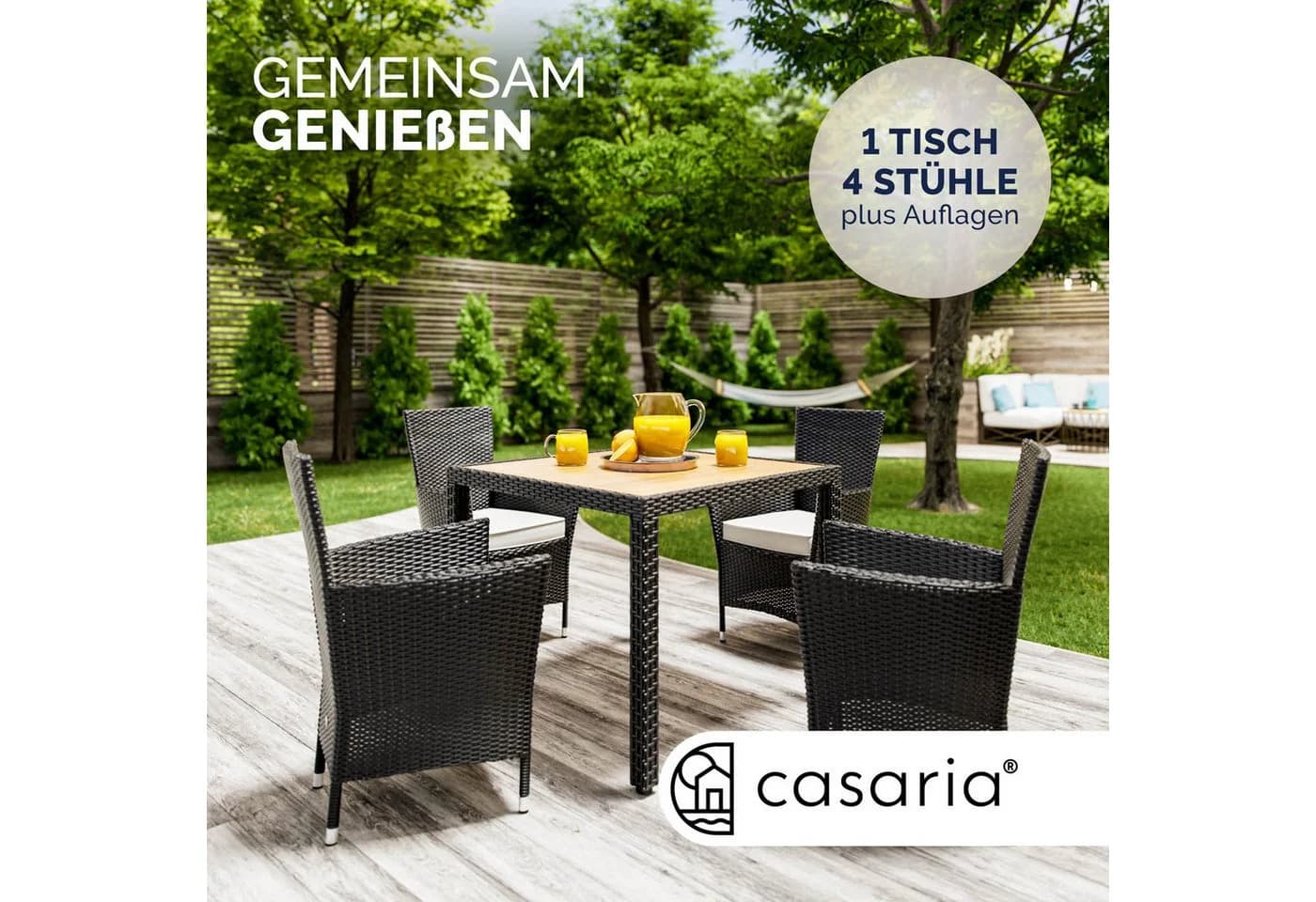 Casaria Garten-Essgruppe 5-tlg. Schwarz/Beige Polyrattan Akazie