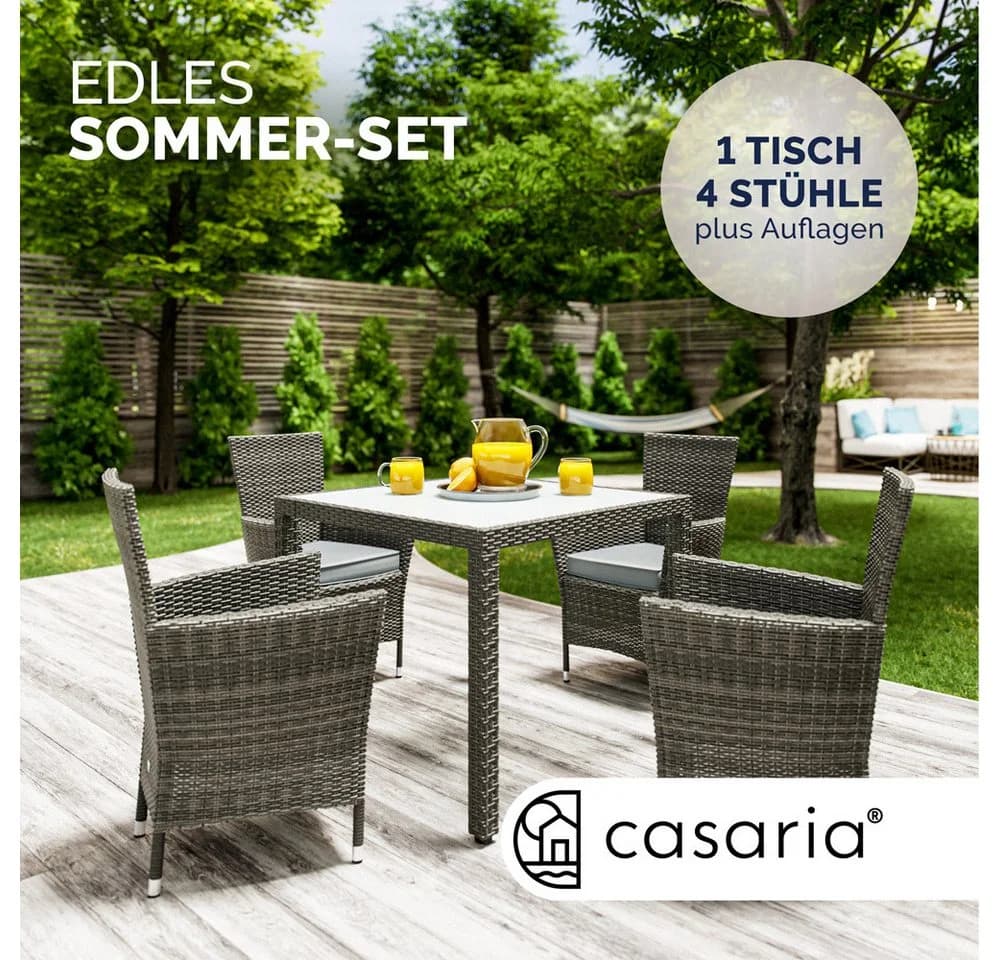 Casaria Garten-Essgruppe 5-tlg. Grau/Beige Polyrattan mit Glasplatte