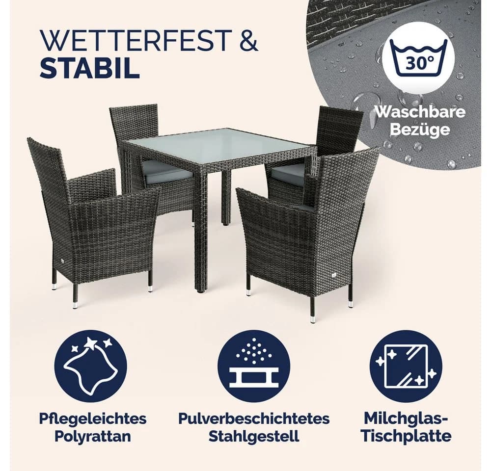 Casaria Garten-Essgruppe 5-tlg. Grau/Beige Polyrattan mit Glasplatte - Bild 3
