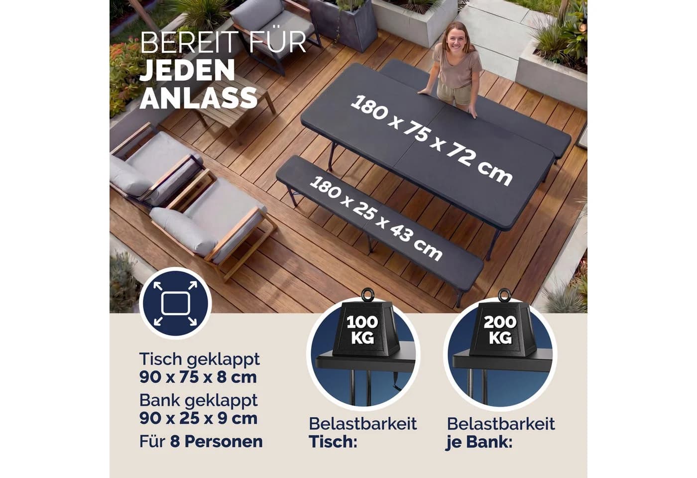 Casaria Bierzeltgarnitur Klappbar Kunststoff 180cm Biertischgarnitur Festzeltgarnitur Camping