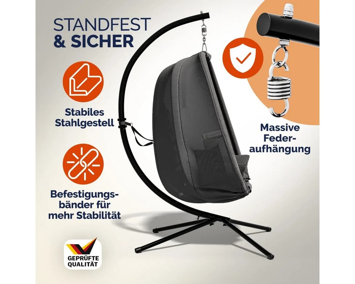 Casaria Hängesessel mit Gestell Grau XXL Kissen Outdoor Wetterfest