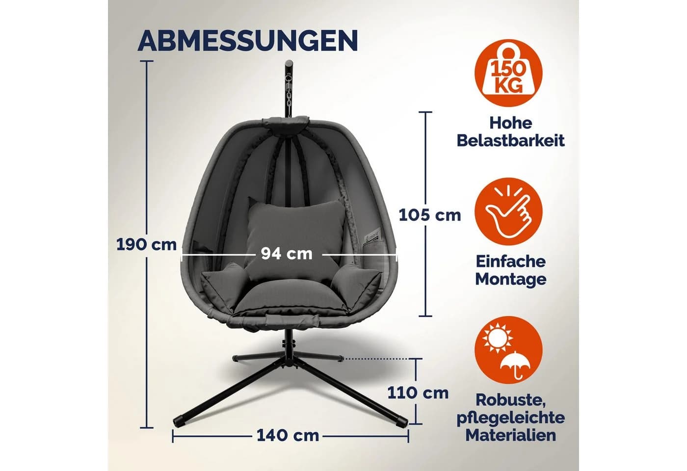 Casaria Hängesessel mit Gestell Grau XXL Kissen Outdoor Wetterfest - Bild 5