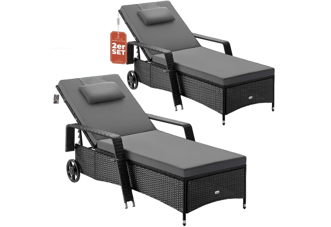 Casaria Gartenliege 2er Set Polyrattan mit Rollen Anthrazit - Bild 2