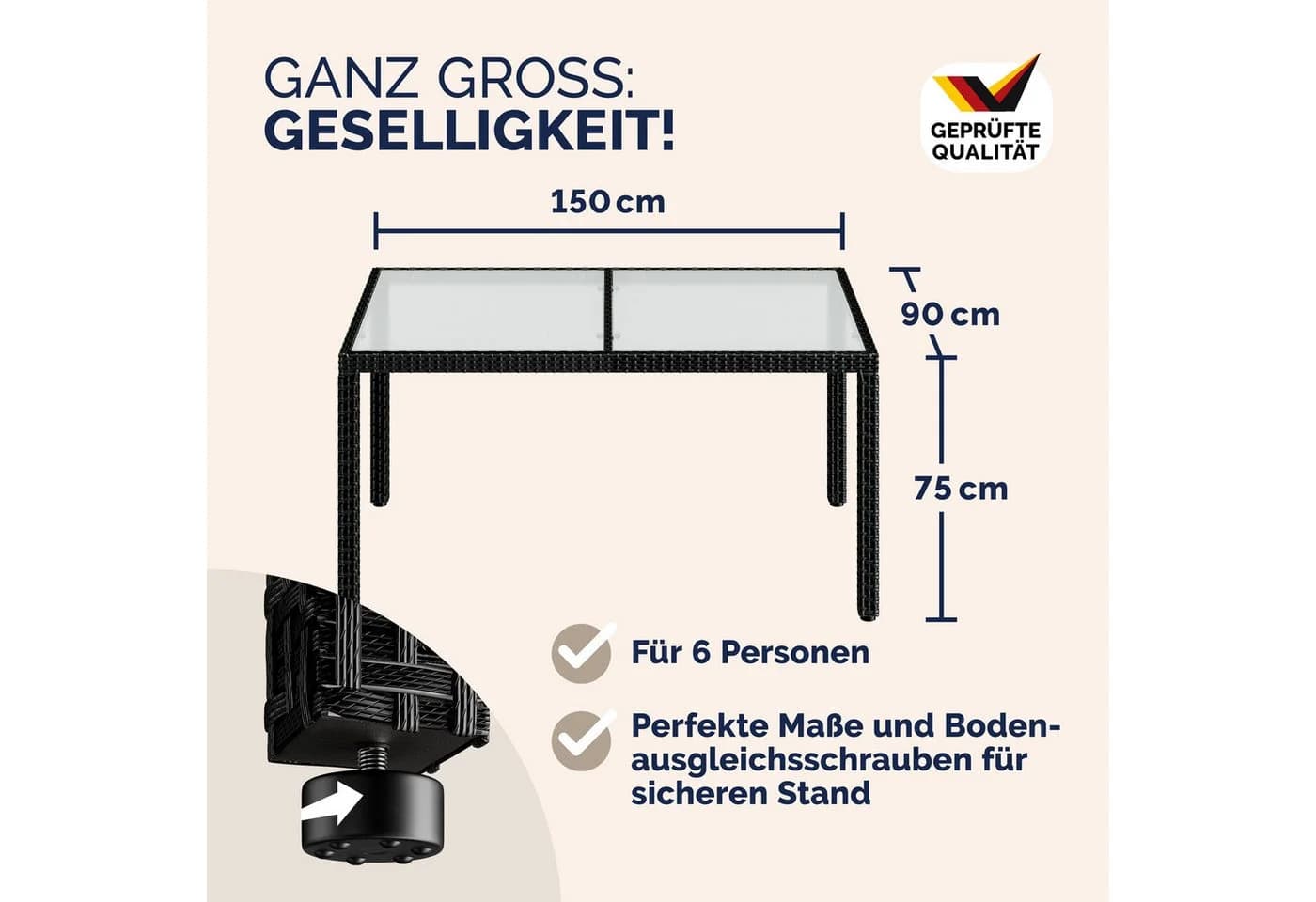 Casaria Gartentisch Polyrattan 5mm Sicherheitsglas