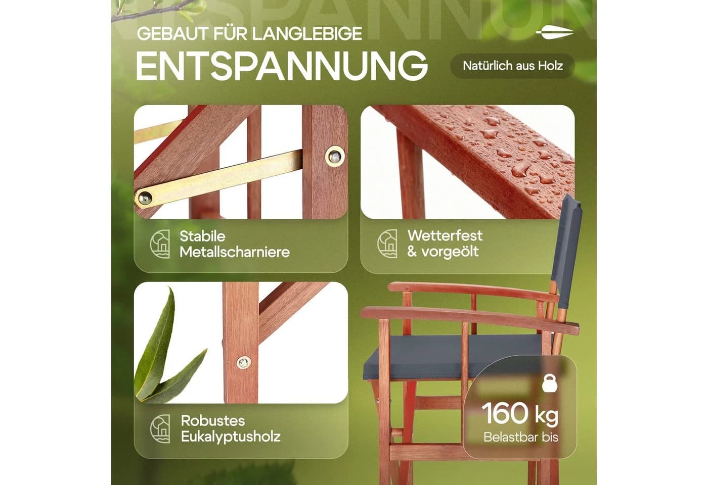Casaria Regiestuhl Klappbar FSC® Eukalyptusholz Grau - Bild 3