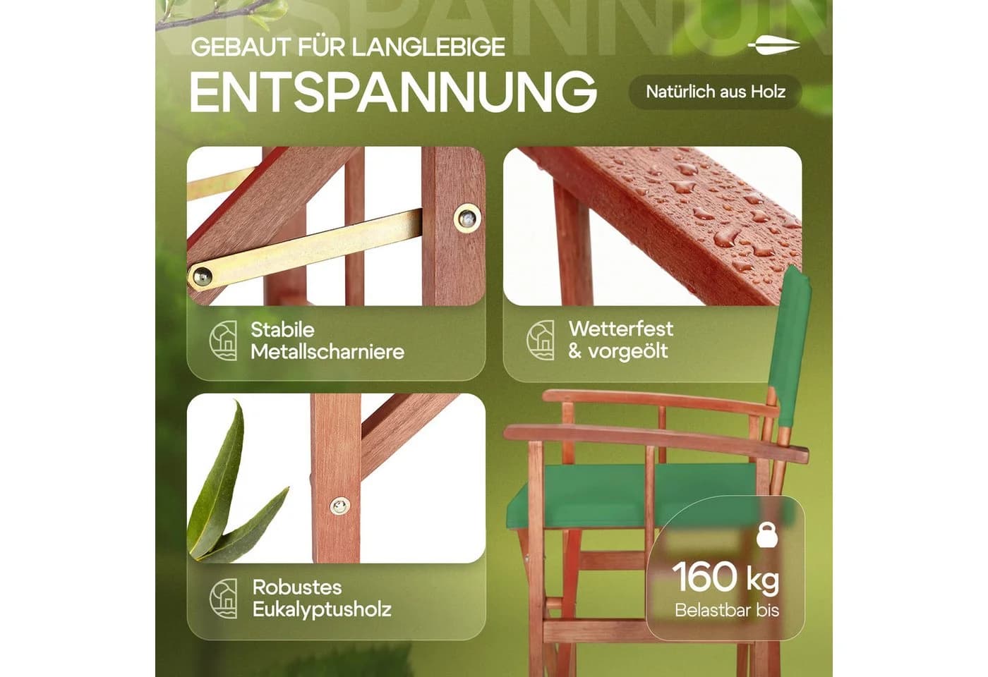 Casaria Regiestuhl Klappbar FSC®-zertifiziertes Eukalyptusholz Grün - Bild 3