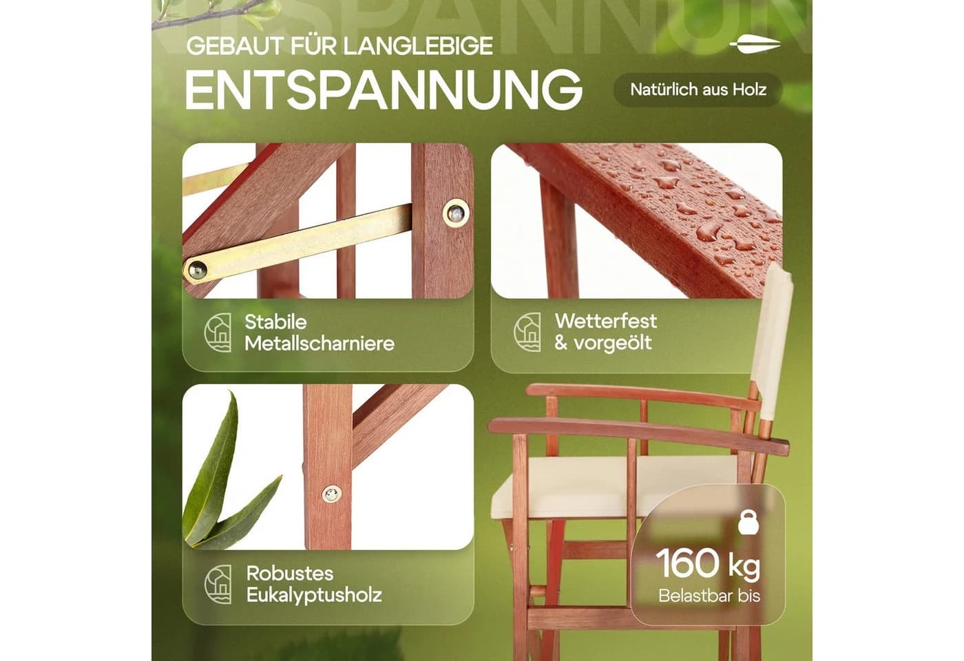 Casaria Regiestuhl Klappbar FSC®-zertifiziert Eukalyptusholz Beige - Bild 3