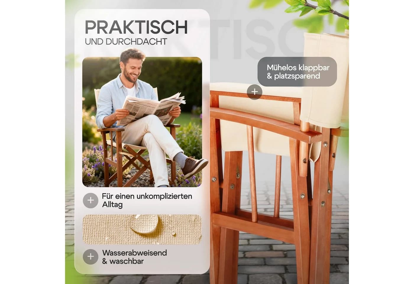 Casaria Regiestuhl Klappbar FSC®-zertifiziert Eukalyptusholz Beige - Bild 4