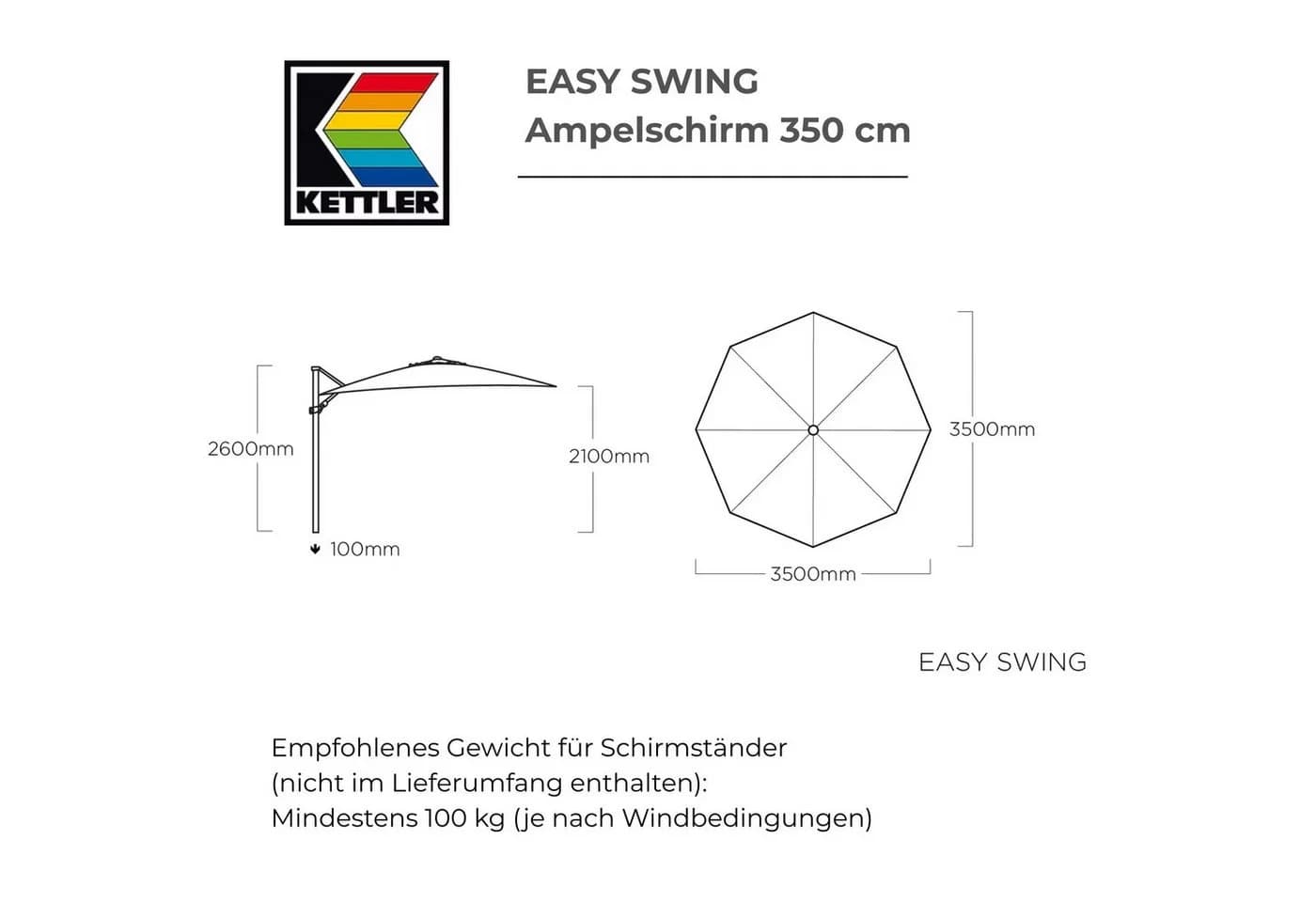Kettler Easy Swing LED Ampelschirm 350 cm Anthrazit Aluminium - Bild 3