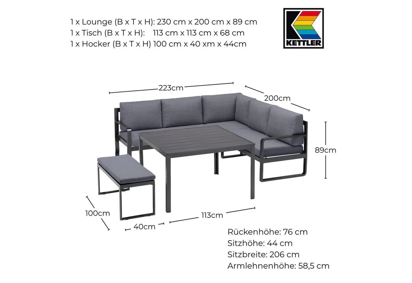 Kettler Loungeset OCEAN CD Eckset inkl. Kissen anthrazit/grau - Bild 3