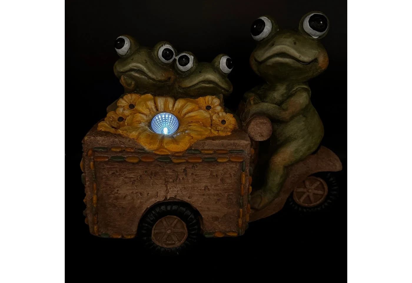 Online-Fuchs Gartenfigur Froschbande auf Lastenrad mit LED-Solarbeleuchtung