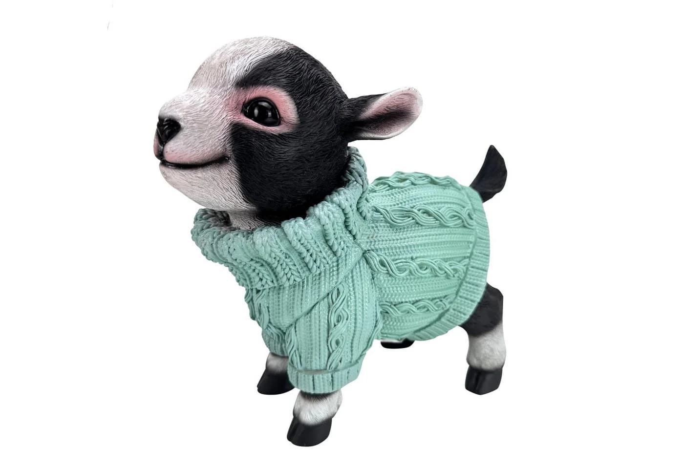 Online-Fuchs Gartenfigur Ziege mit Pulli Türkis