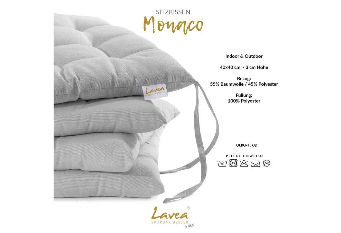 Lavea Stuhlkissen MONACO - 40x40x3 cm, wetterfest, Indoor/Outdoor, 4er/8er Set - Bild 3