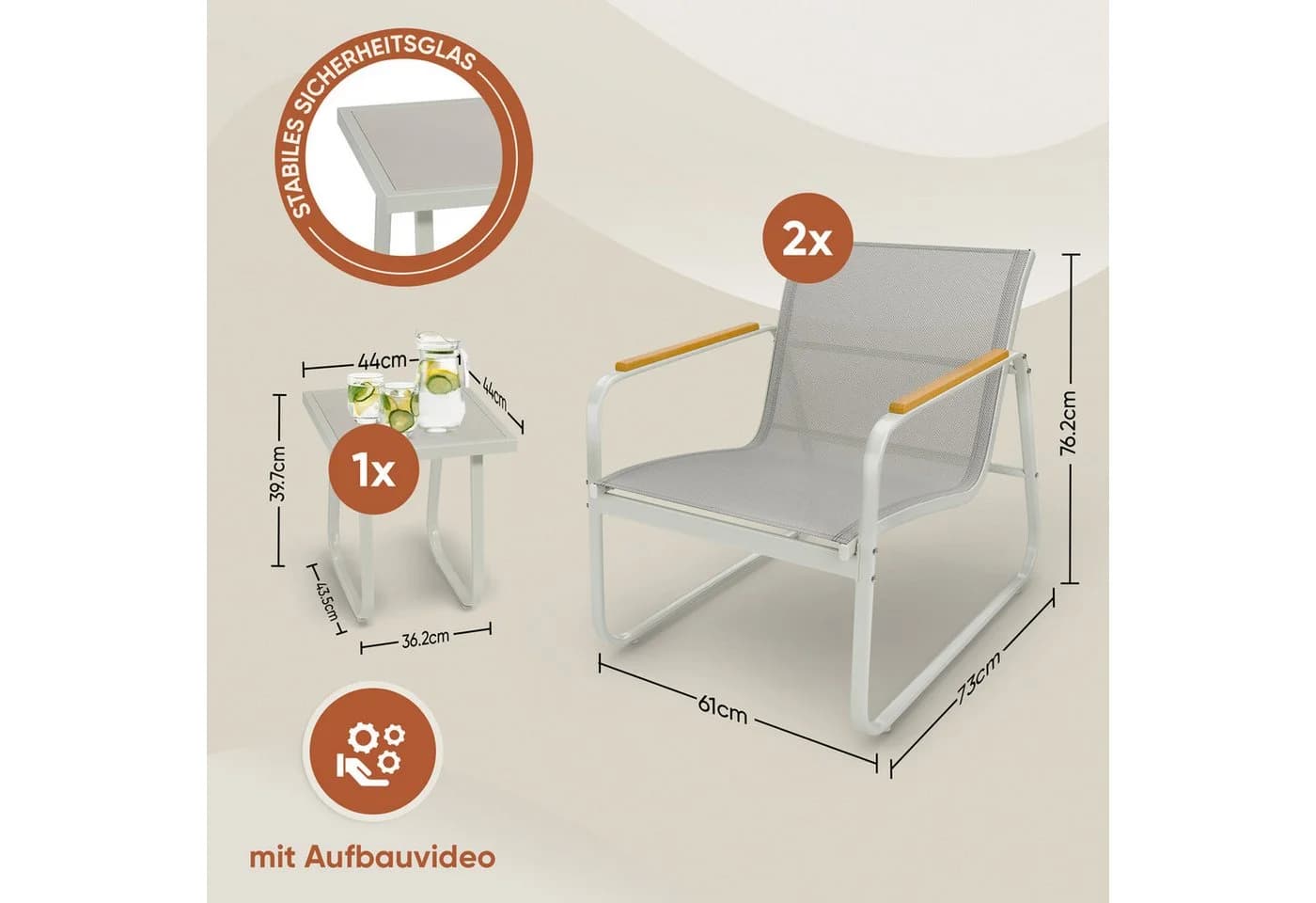 Blumtal Gartenlounge-Set 3-tlg. Grau Stahl & Glas - Bild 5