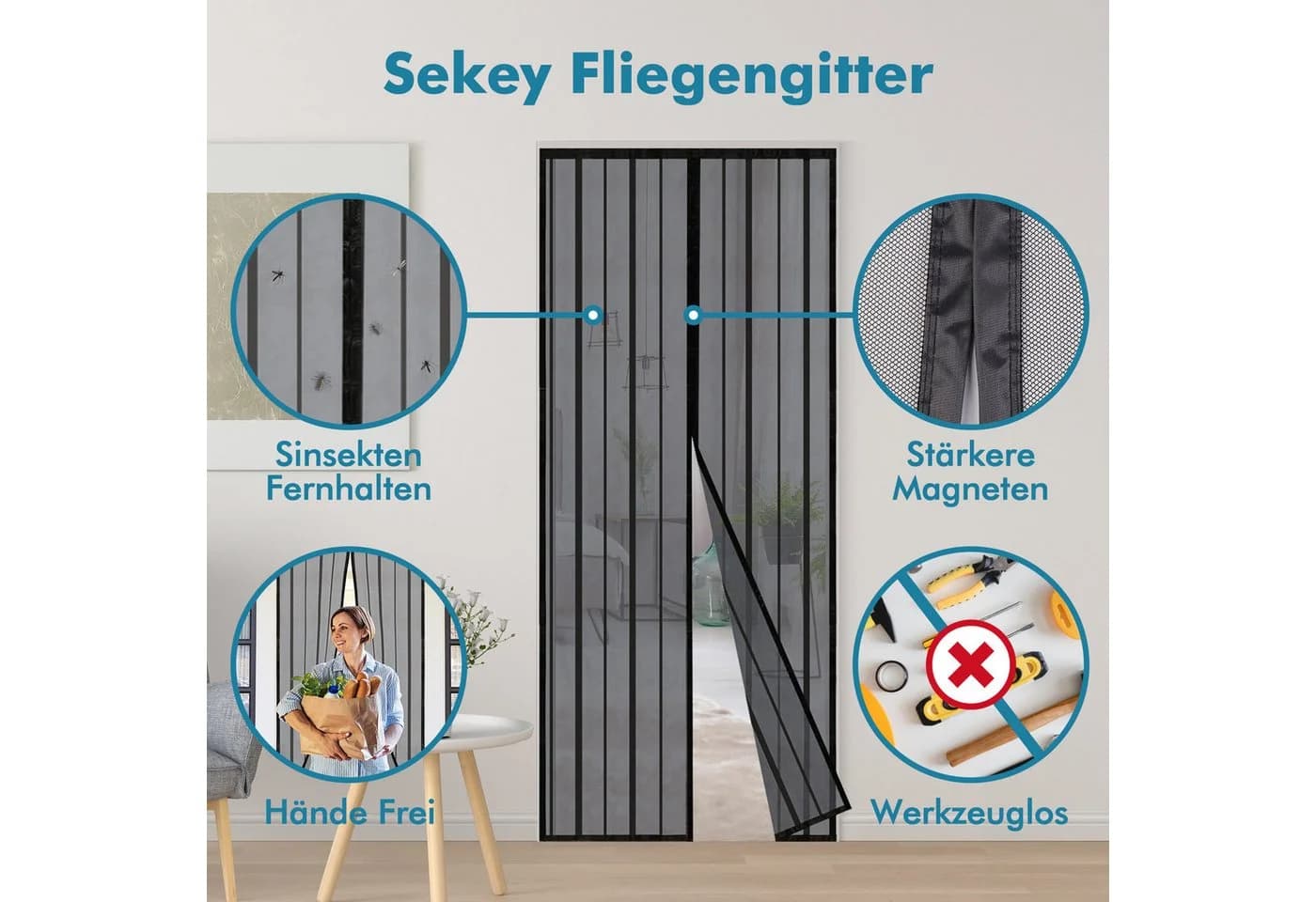 Sekey Insektenschutz-Tür Fliegengitter für Balkontür Schwarz Magnetisch Ohne Bohren