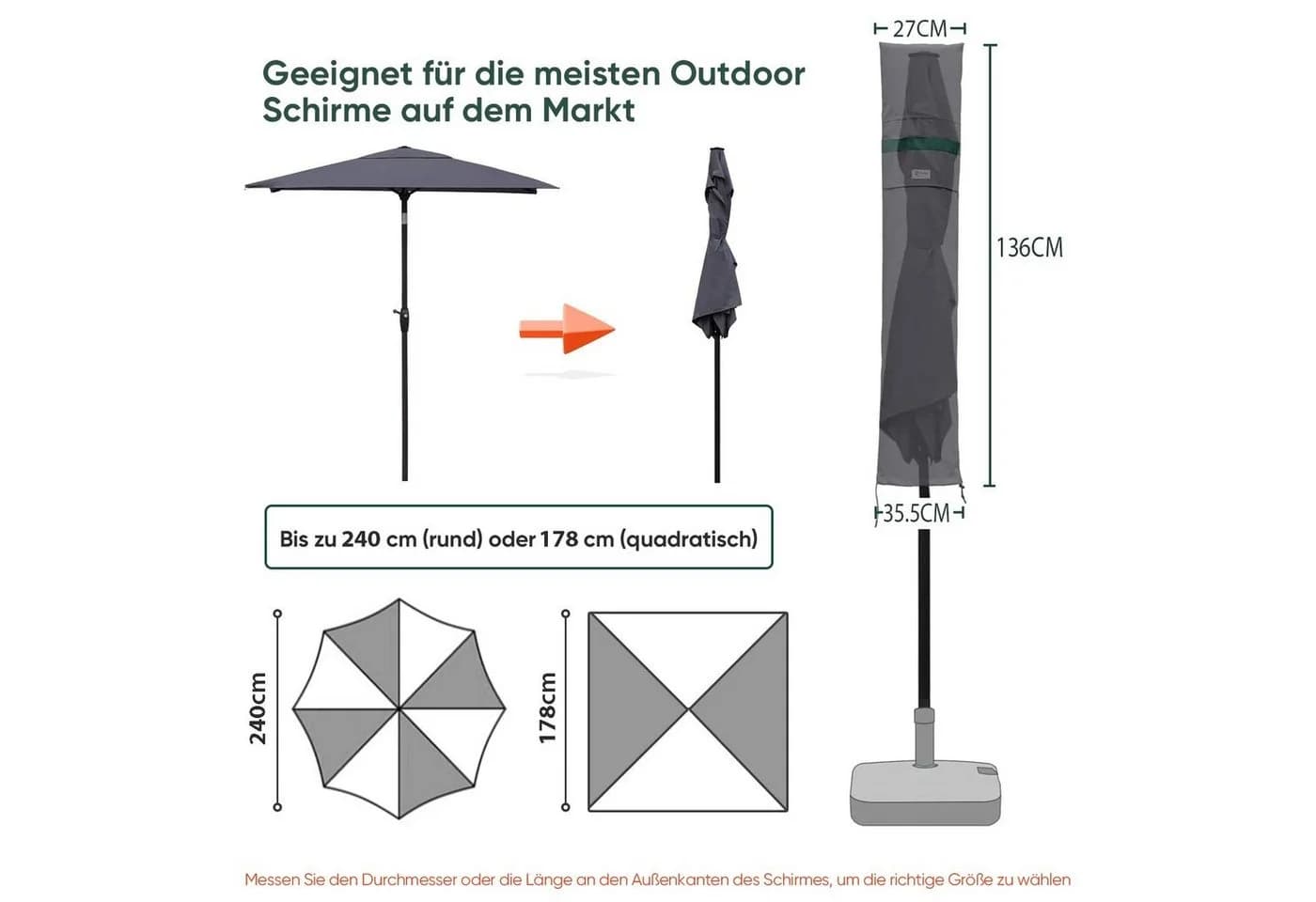 Sekey Sonnenschirm-Schutzhülle für Ø 180 cm, Ø 200 cm, 200 x 150 cm, 200 x 125 cm