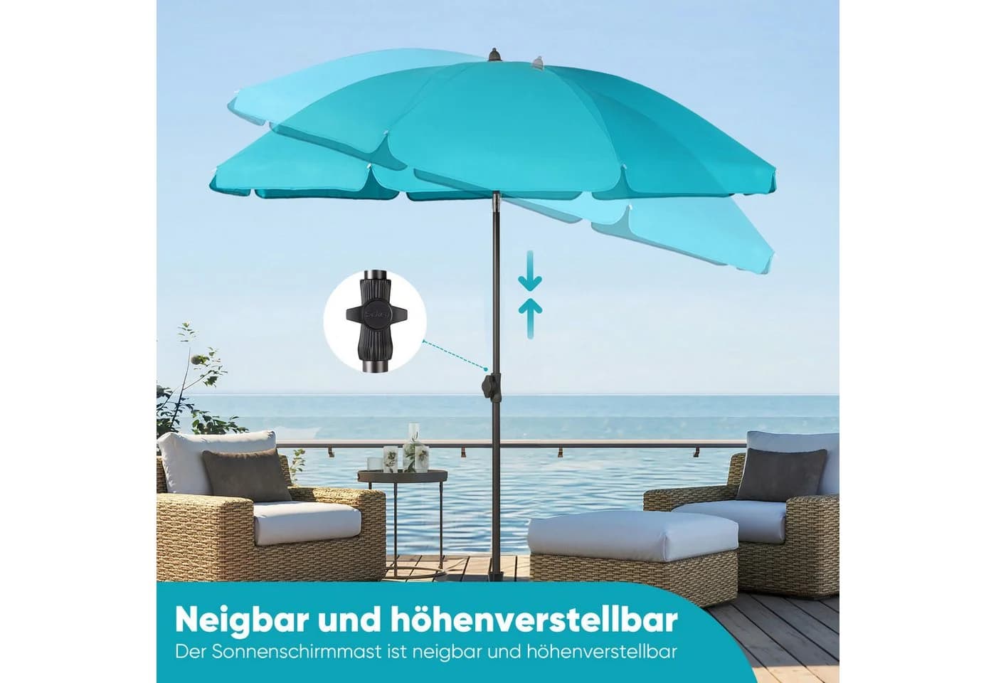 Sekey Sonnenschirm Türkis 180 cm UV-Schutz 50+ höhenverstellbar - Bild 5
