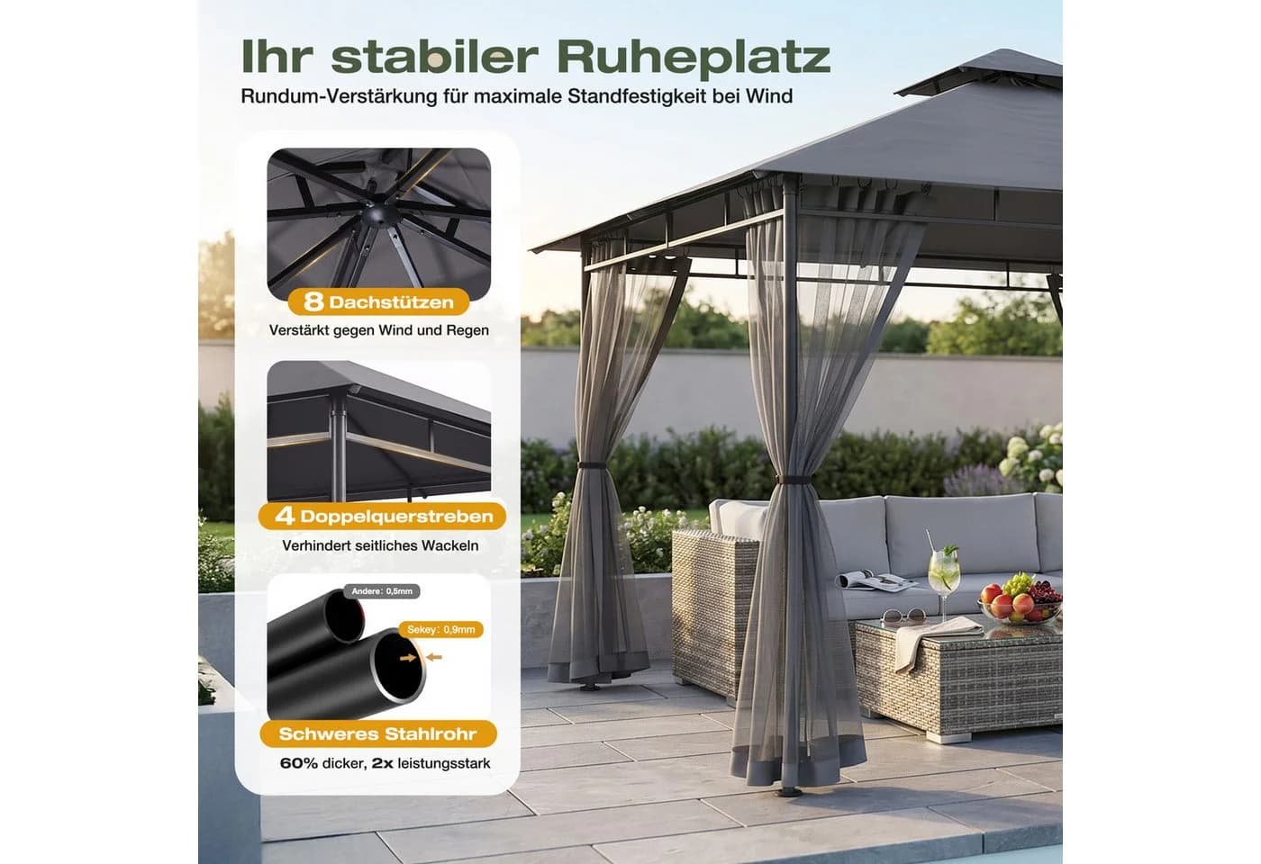 Sekey Gartenpavillon 3x3m Grau mit Moskitonetz & Doppeldach