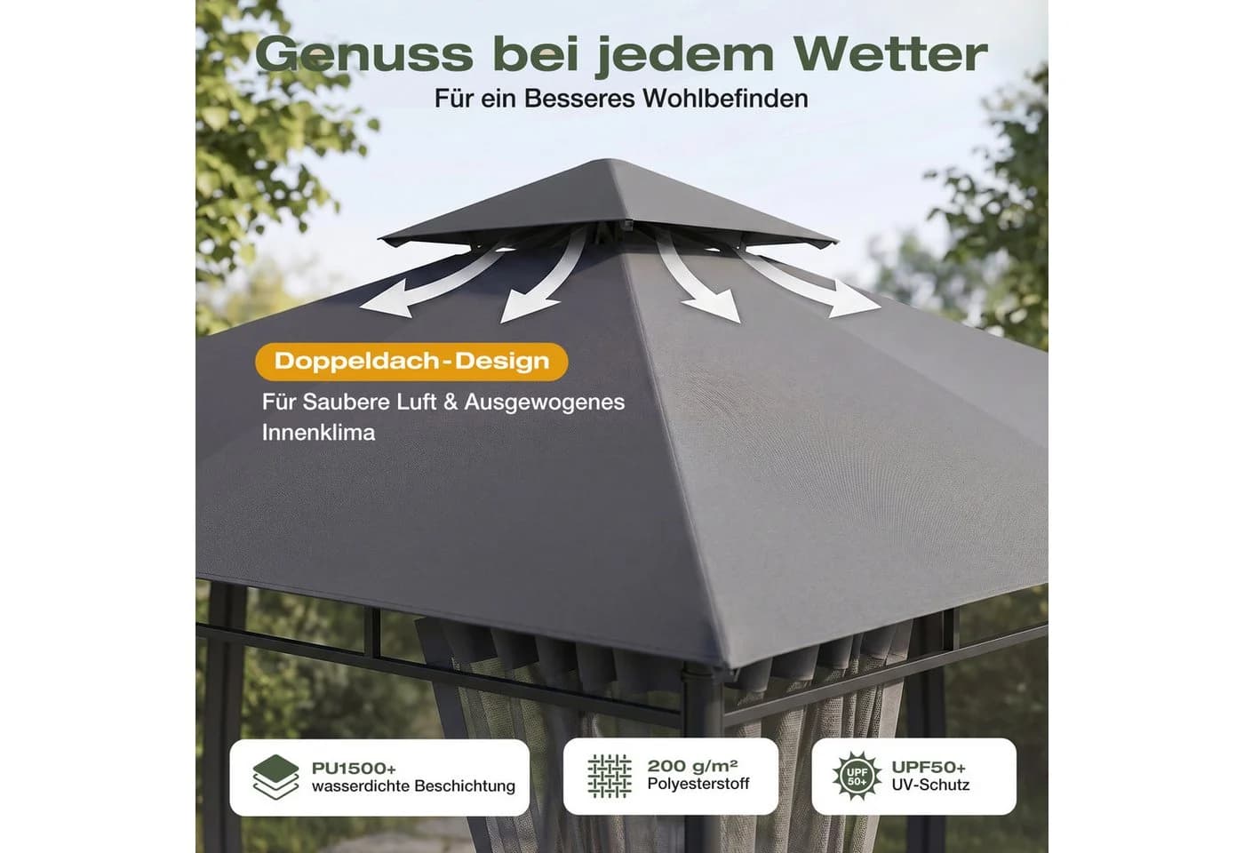 Sekey Gartenpavillon 3x3m Grau mit Moskitonetz & Doppeldach - Bild 5