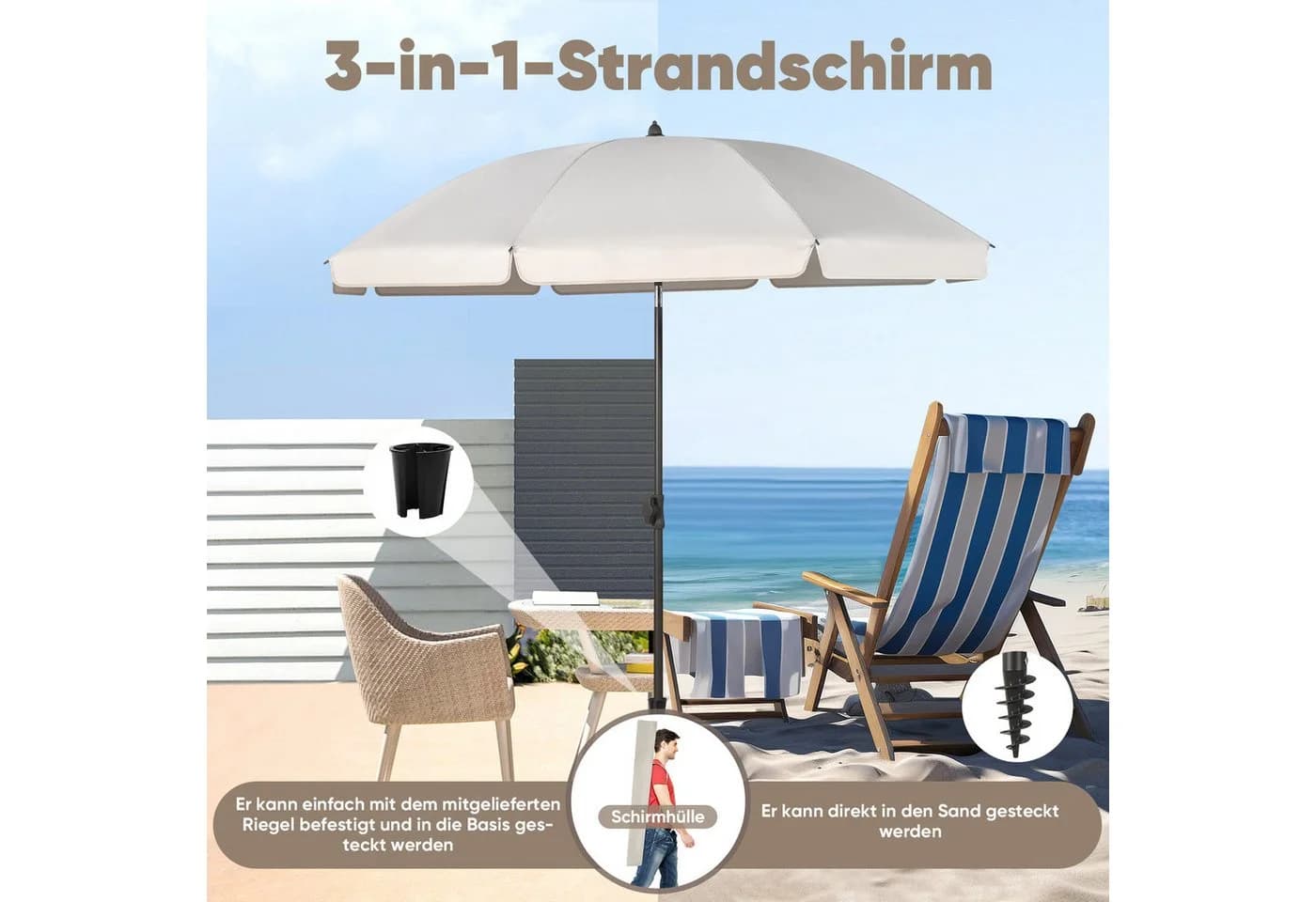Sekey Sonnenschirm Ø160 cm UV50+ Graubeige mit Tragetasche - Bild 3
