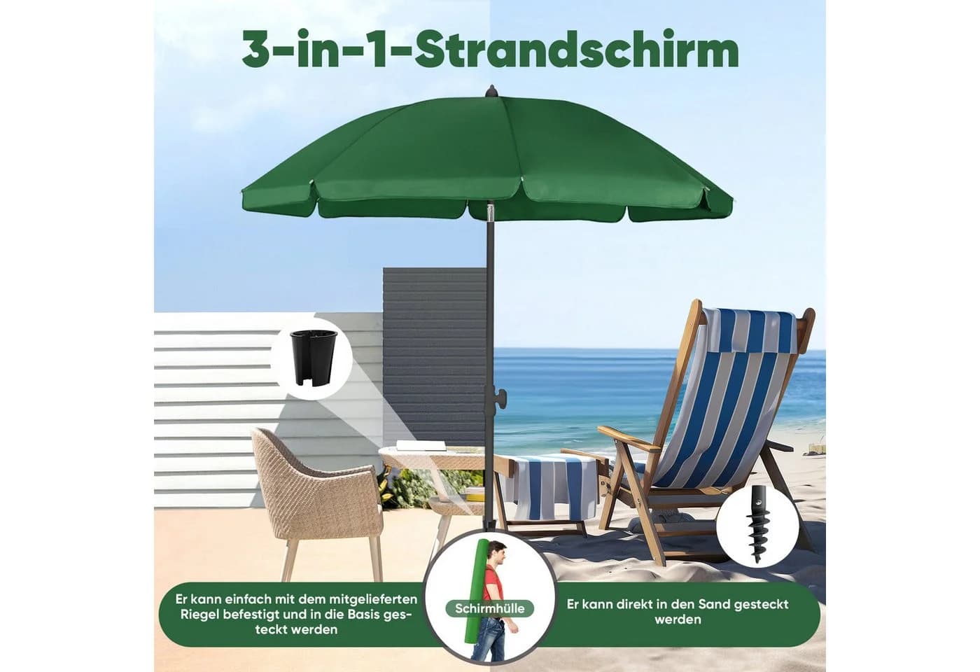 Sekey Sonnenschirm Tannengrün UV-Schutz 50+ höhenverstellbar - Bild 4