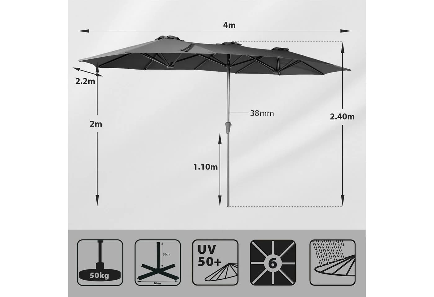 Sekey Doppelsonnenschirm Grau UV 50+ mit Standfuß - Bild 3