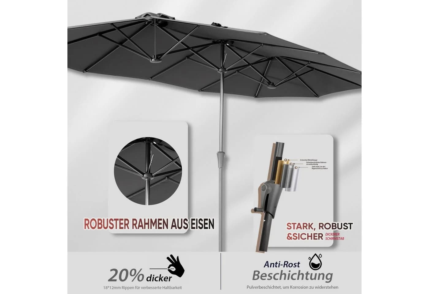Sekey Doppelsonnenschirm Grau UV 50+ mit Standfuß - Bild 4