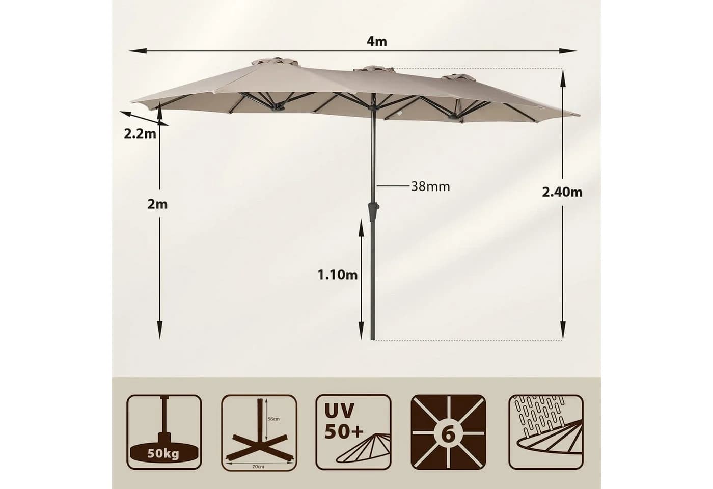 Sekey Doppel Sonnenschirm 400x220 cm mit Standfuß Taupe - Bild 3