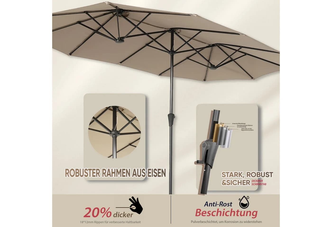 Sekey Doppel Sonnenschirm 400x220 cm mit Standfuß Taupe - Bild 4