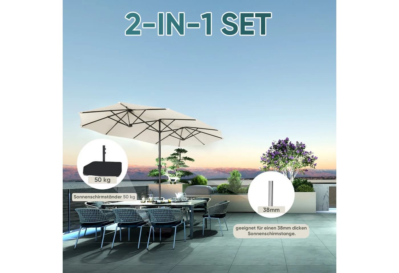 Sekey Doppel Sonnenschirm 400x220 cm Creme mit 50 kg Standfuß