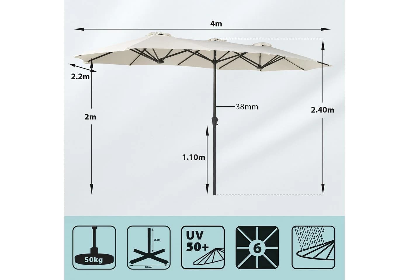 Sekey Doppel Sonnenschirm 400x220 cm Creme mit 50 kg Standfuß - Bild 3