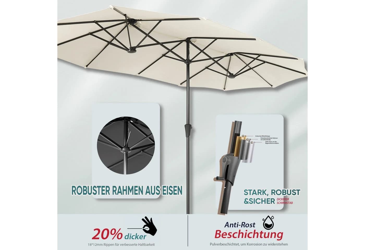 Sekey Doppel Sonnenschirm 400x220 cm Creme mit 50 kg Standfuß - Bild 4