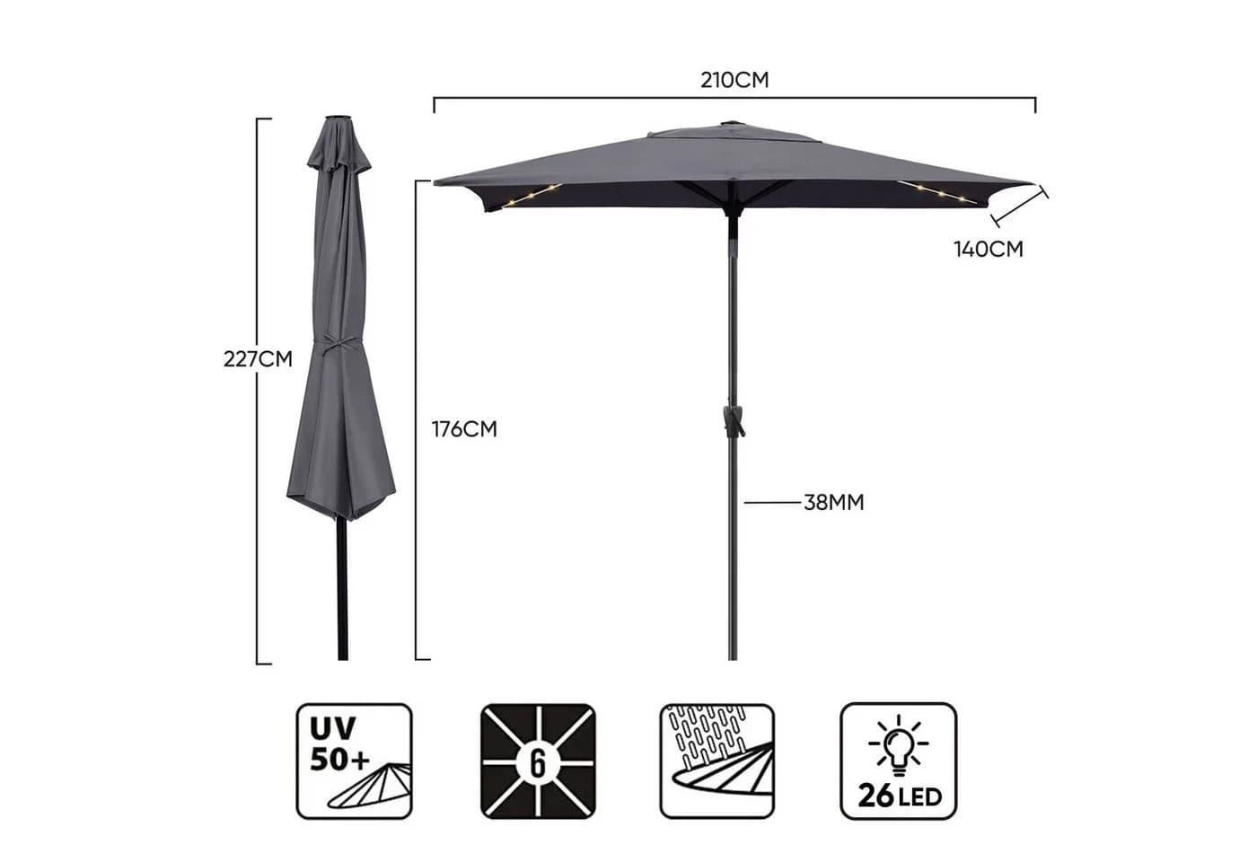 Sekey Sonnenschirm 210 x 140 cm Aluminum mit LED-Solar-Beleuchtung - Bild 3