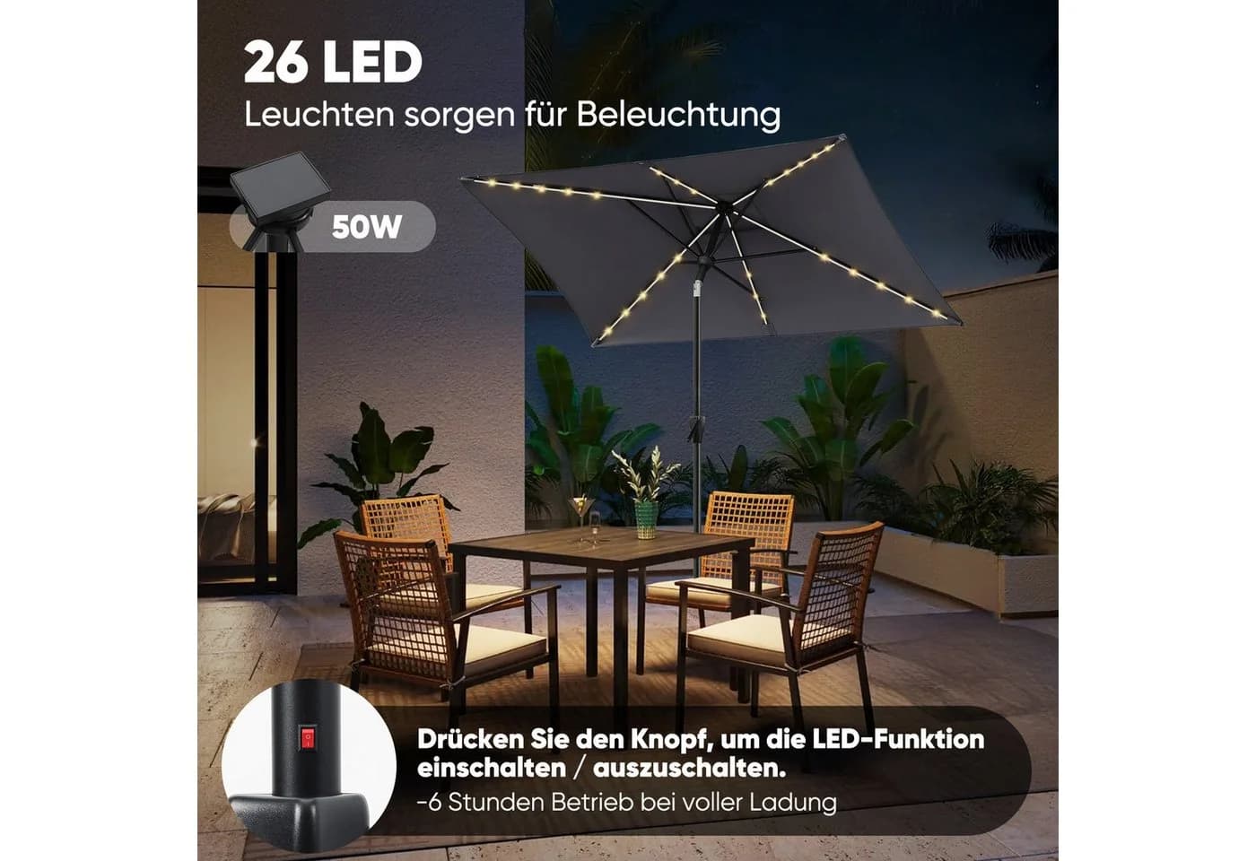 Sekey Sonnenschirm 210 x 140 cm Aluminum mit LED-Solar-Beleuchtung - Bild 5