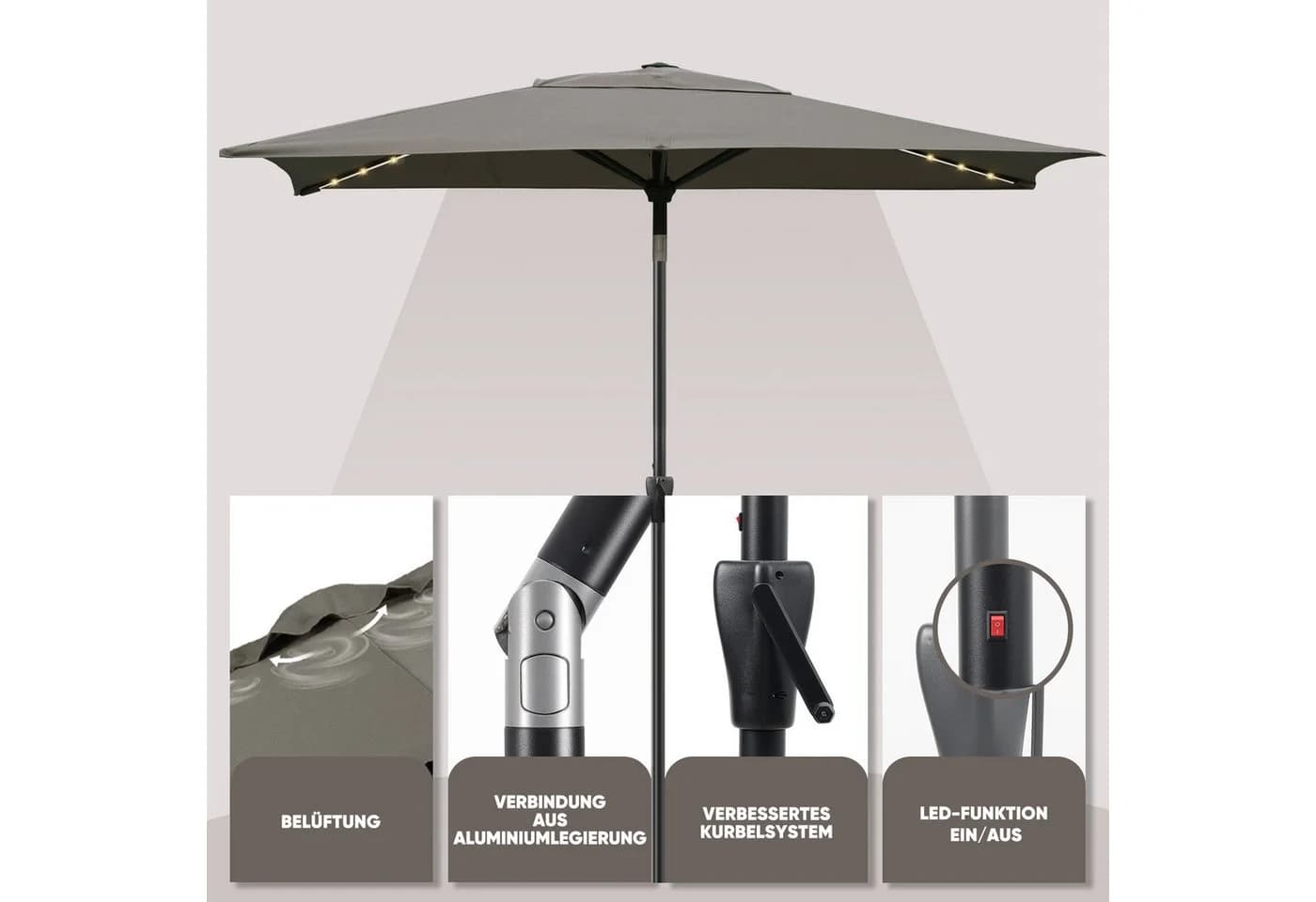 Sekey Sonnenschirm Rechteckig 300x200 cm mit LED-Lichtern - Bild 5