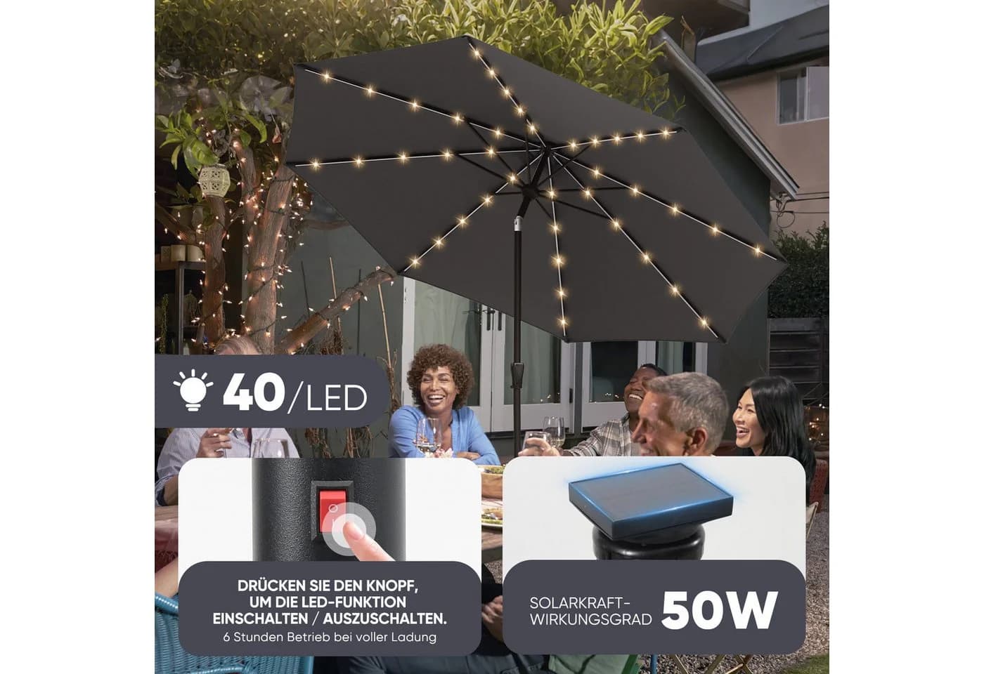 Sekey Marktschirm 3m Grau mit LED-Beleuchtung und Kurbel - Bild 4