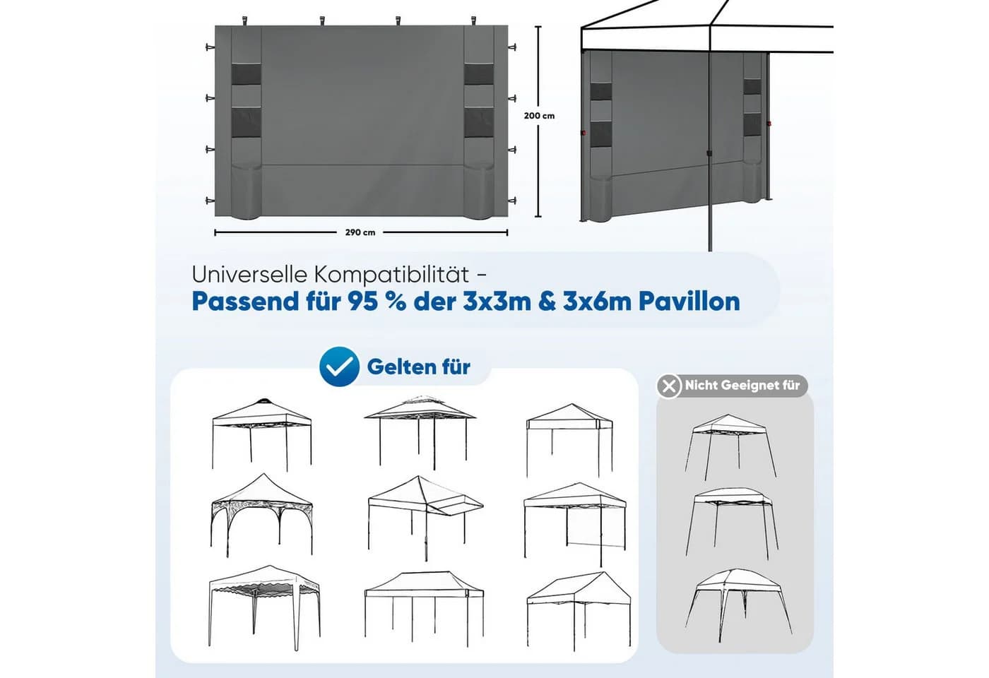 Sekey Pavillon-Seitenwand Grau Multifunktional mit 6 Taschen - Bild 3