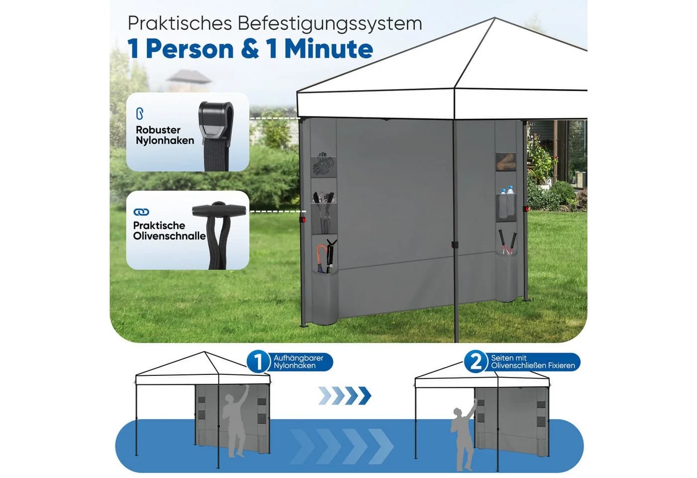 Sekey Pavillon-Seitenwand Grau Multifunktional mit 6 Taschen - Bild 5