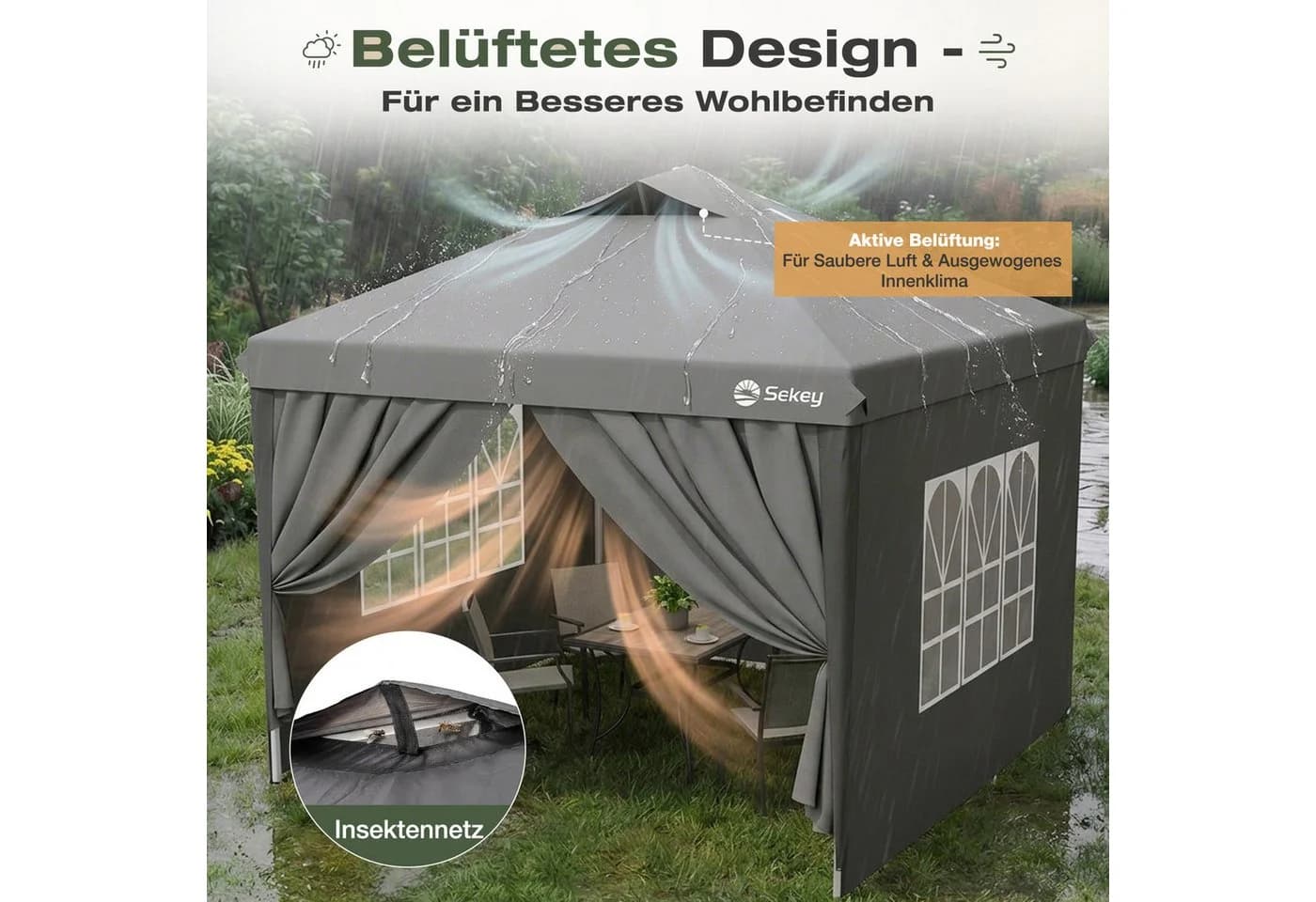 Sekey Faltpavillon 3x3 mit Seitenteilen wasserdicht, Pavillon winterfest und wasserdicht, mit 4 Seitenteilen - Bild 3