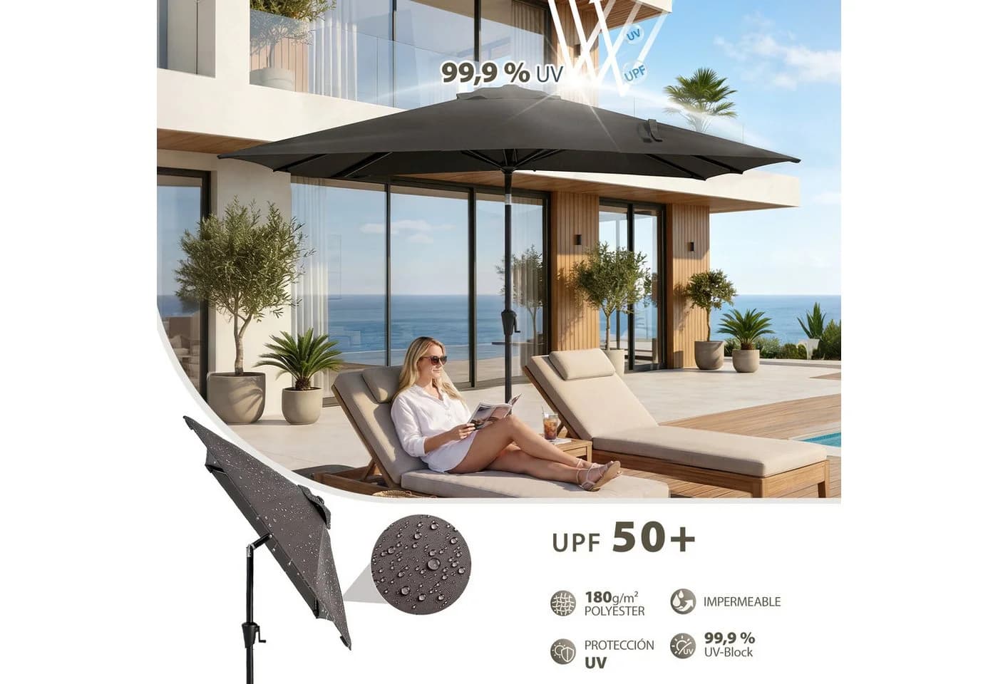 SUNULA Sonnenschirm Marktschirm Grau Neigbar mit Kurbel - Bild 3