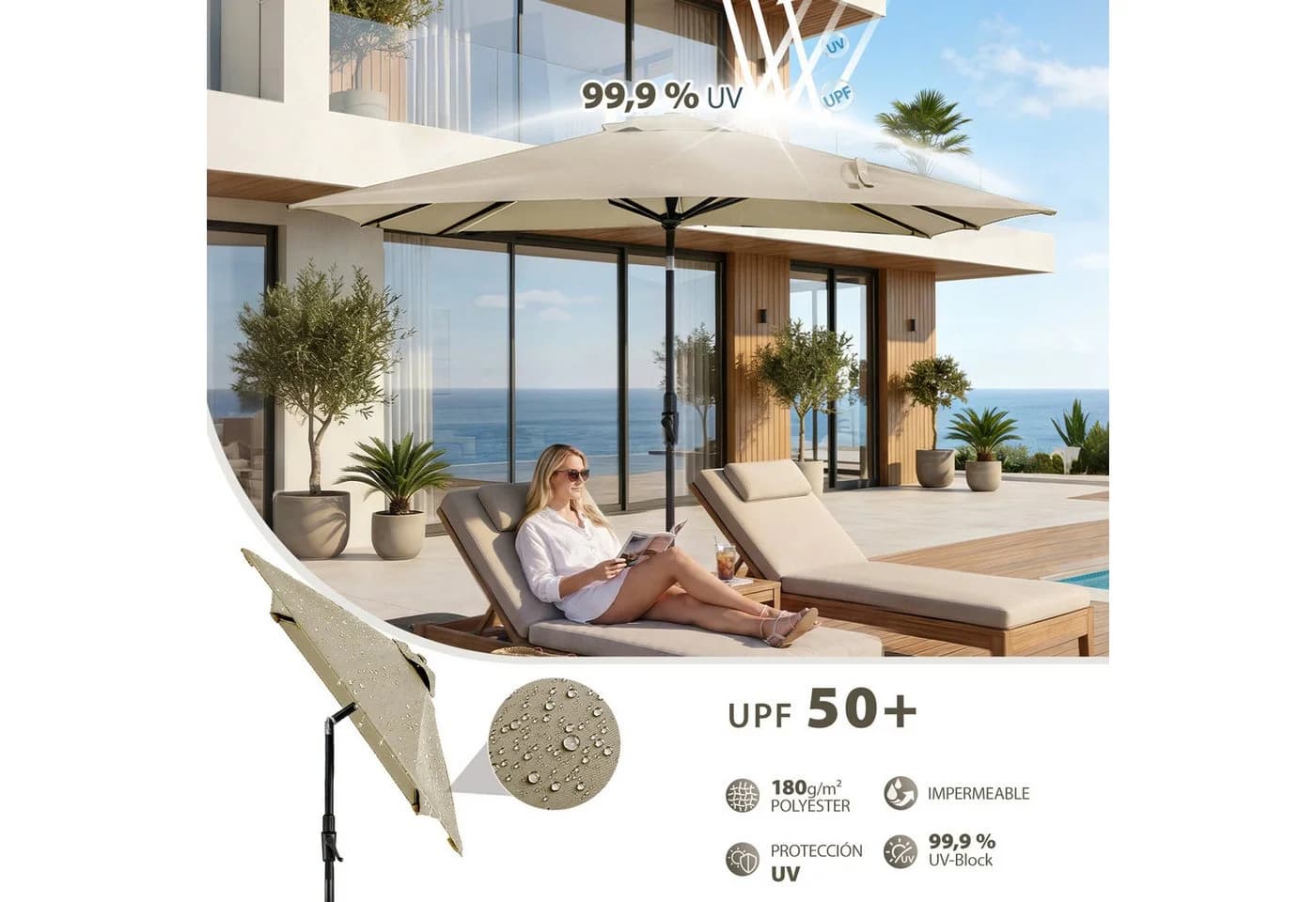 Sekey Sonnenschirm Rechteckig 300x200 cm Taupe mit Kurbel & UV50+ - Bild 3
