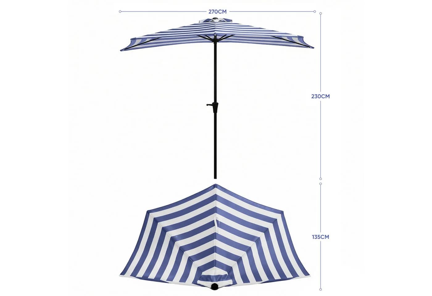 Sekey Balkonschirm 270 cm Halbrund Sonnenschirm mit Kurbel UV50+ Blau-Weiß - Bild 5