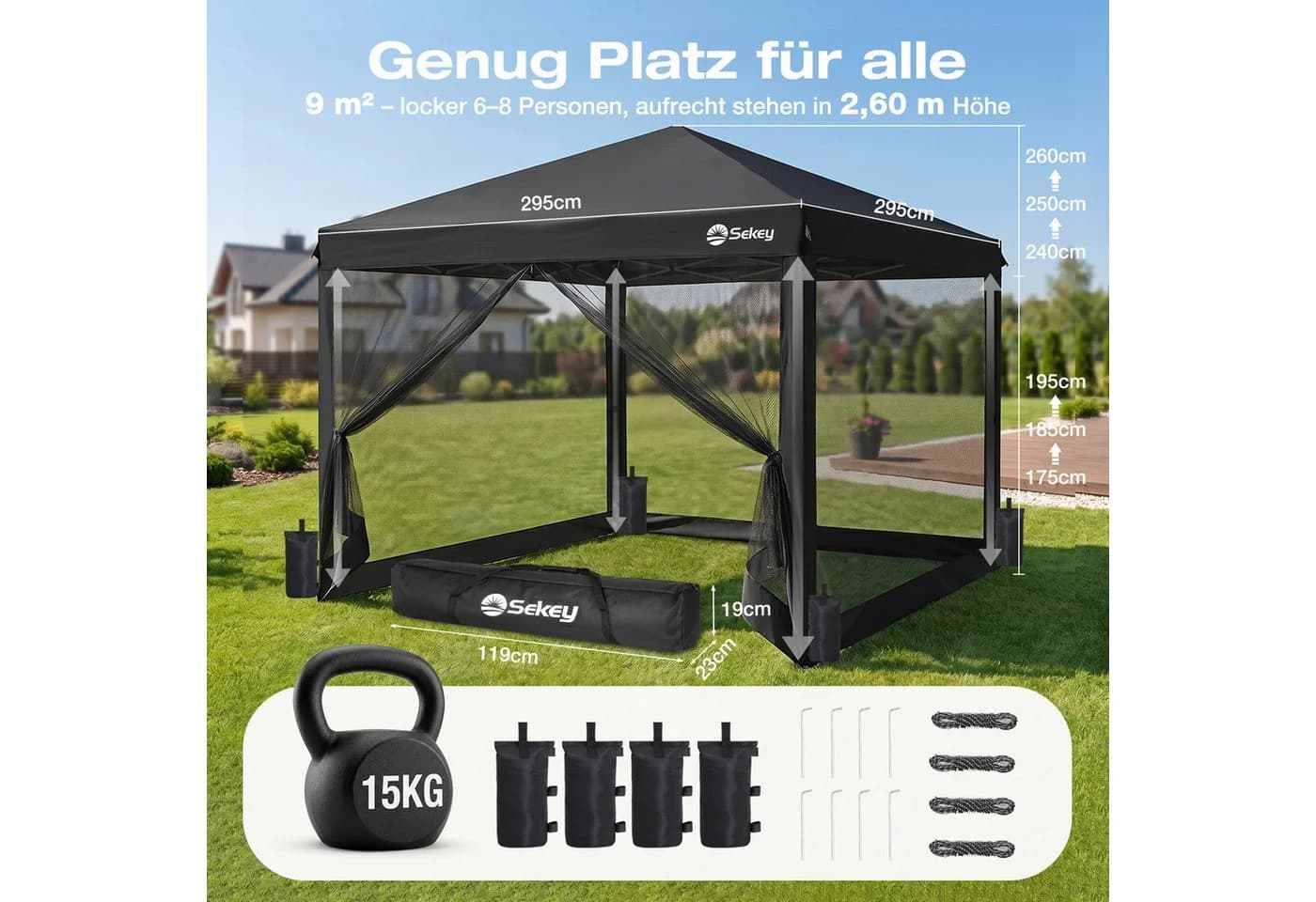 Sekey Faltpavillon 3x3m Schwarz mit Moskitonetz - Bild 4