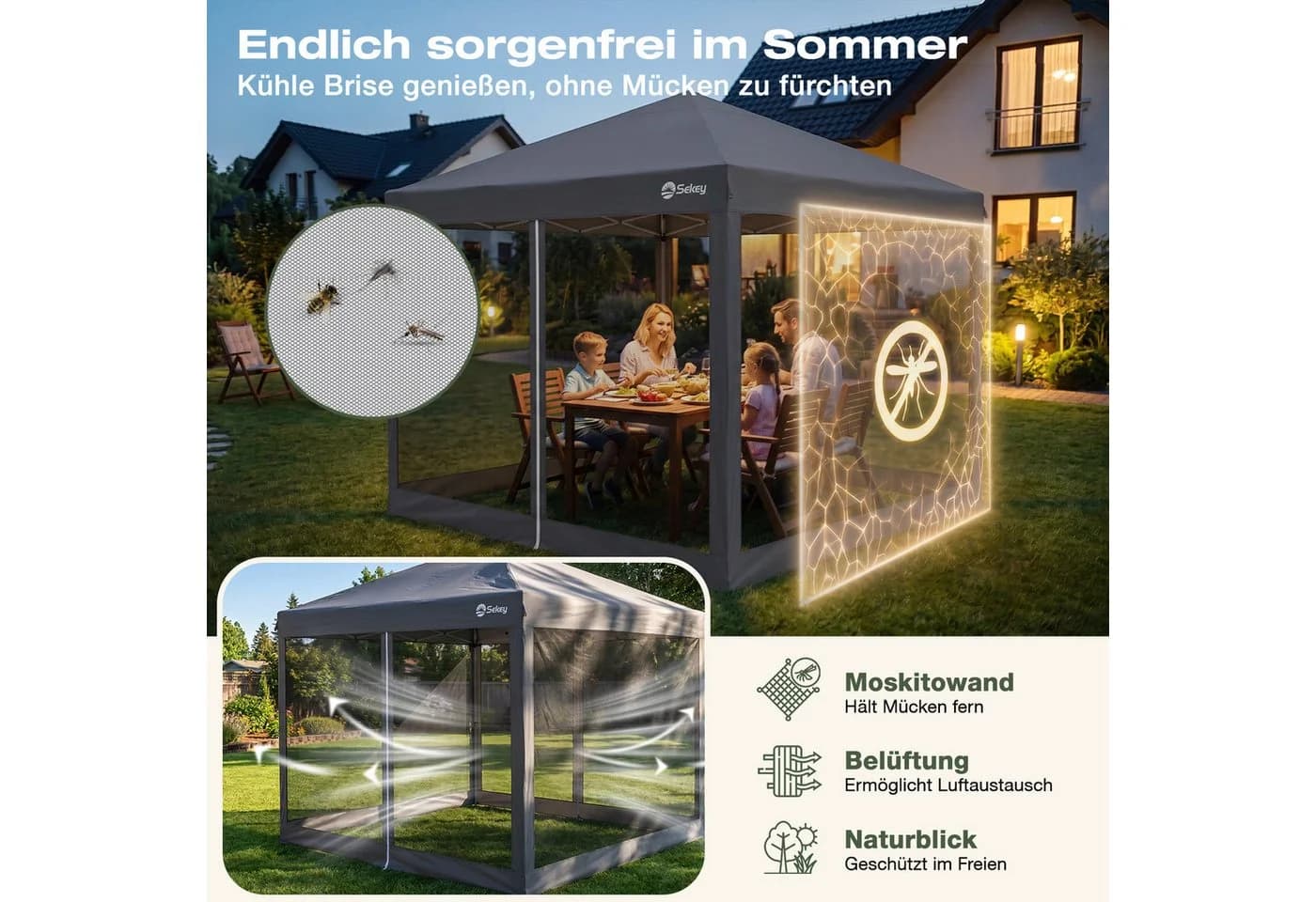 Sekey Faltpavillon 3x3m Grau mit Moskitonetz & Sandsäcken