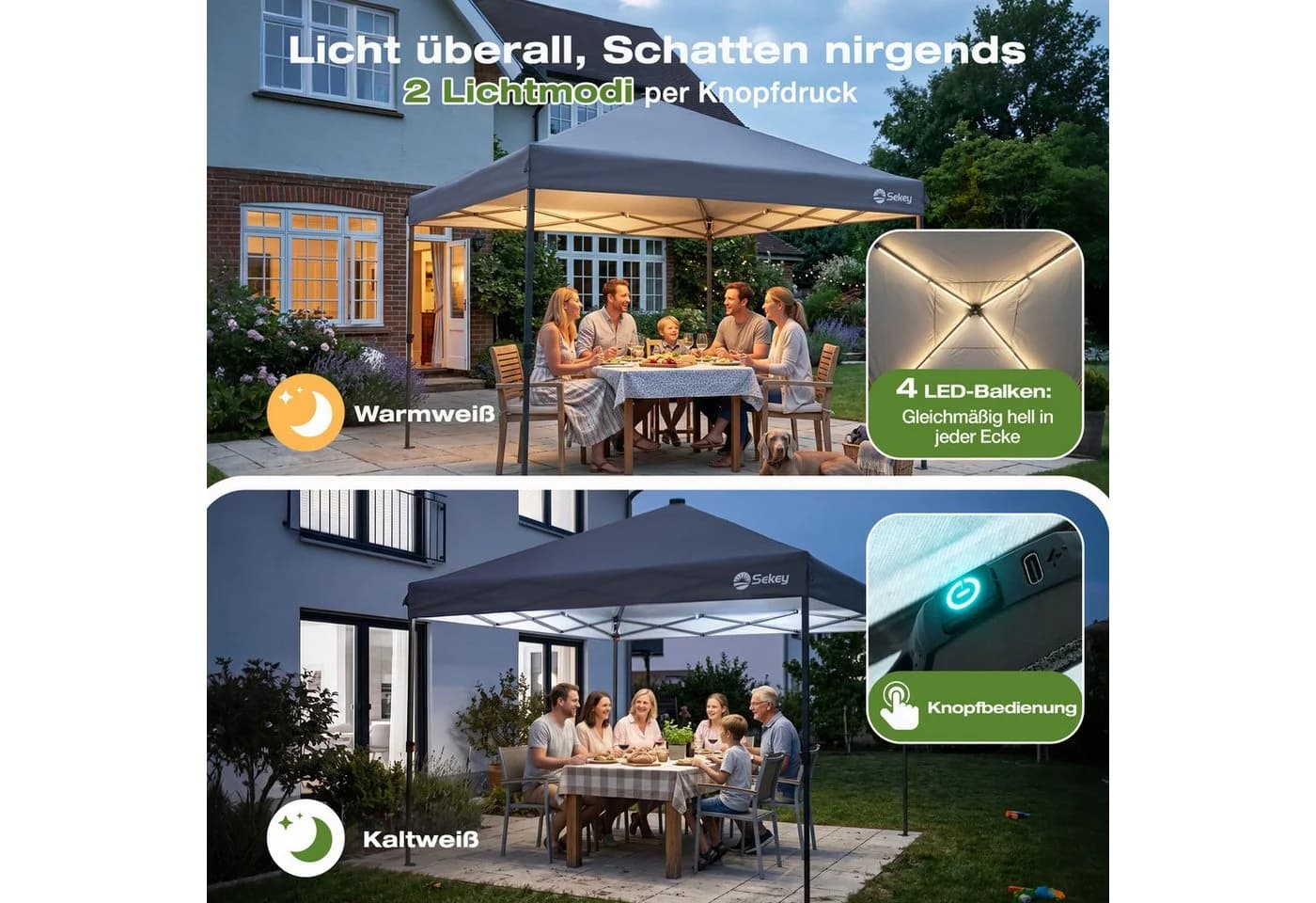 Sekey Faltpavillon Grau mit Solar-LED-Beleuchtung und UPF 50+