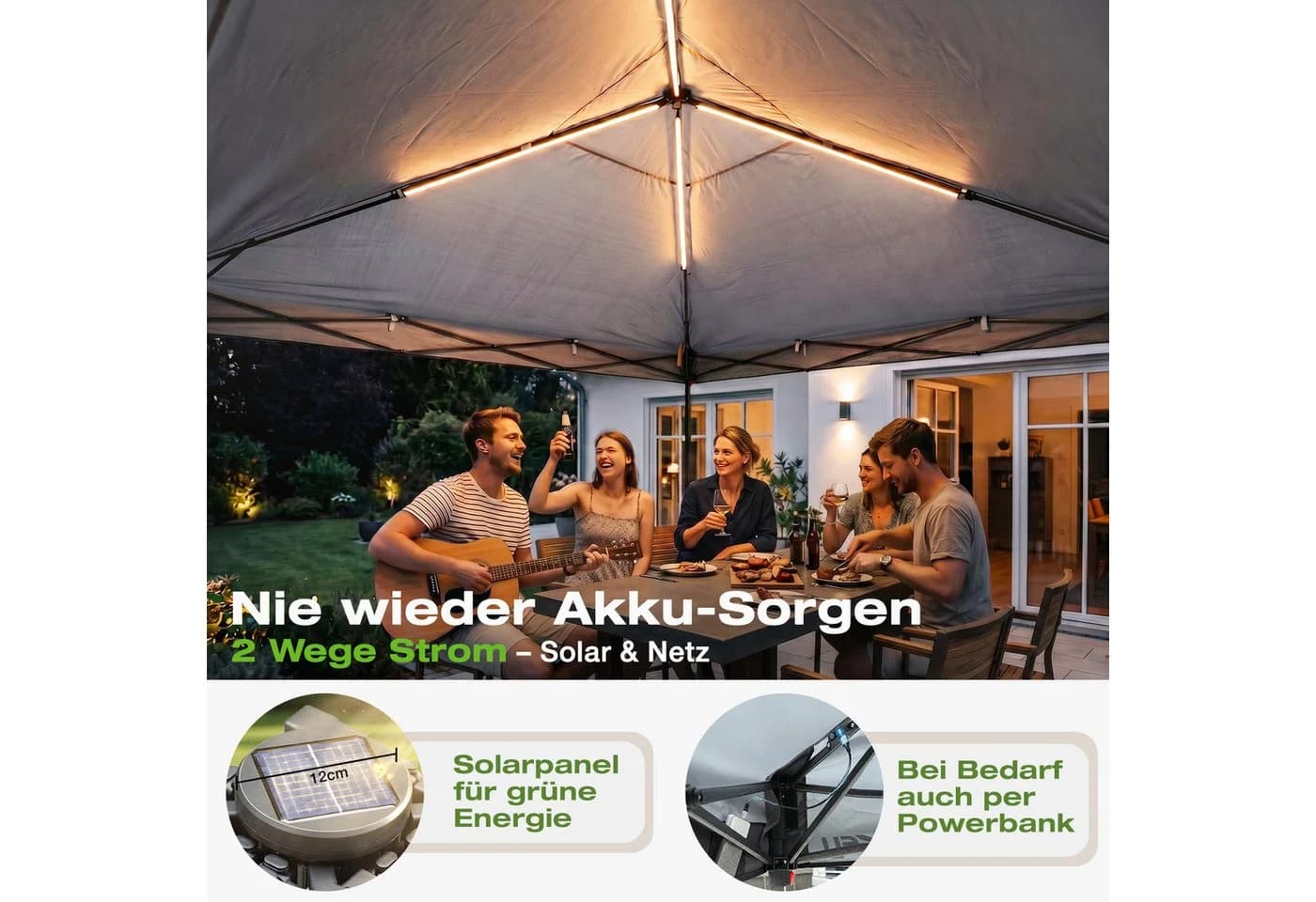Sekey Faltpavillon Grau mit Solar-LED-Beleuchtung und UPF 50+ - Bild 3