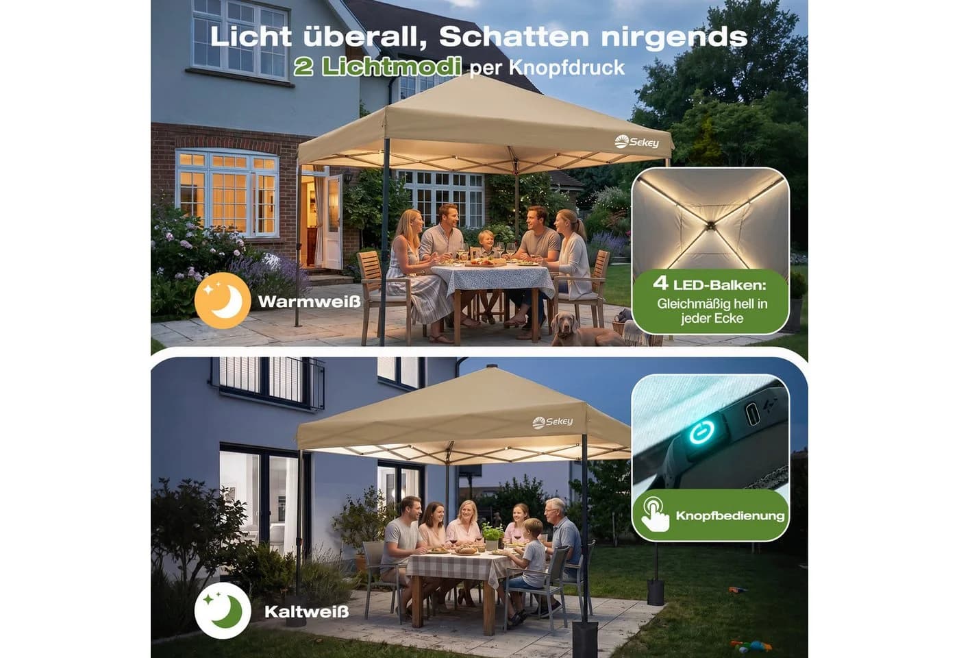 Sekey Faltpavillon 300x300 cm mit Solar-LED-Beleuchtung Taupe