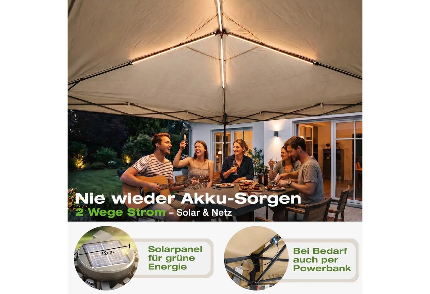 Sekey Faltpavillon 300x300 cm mit Solar-LED-Beleuchtung Taupe - Bild 3