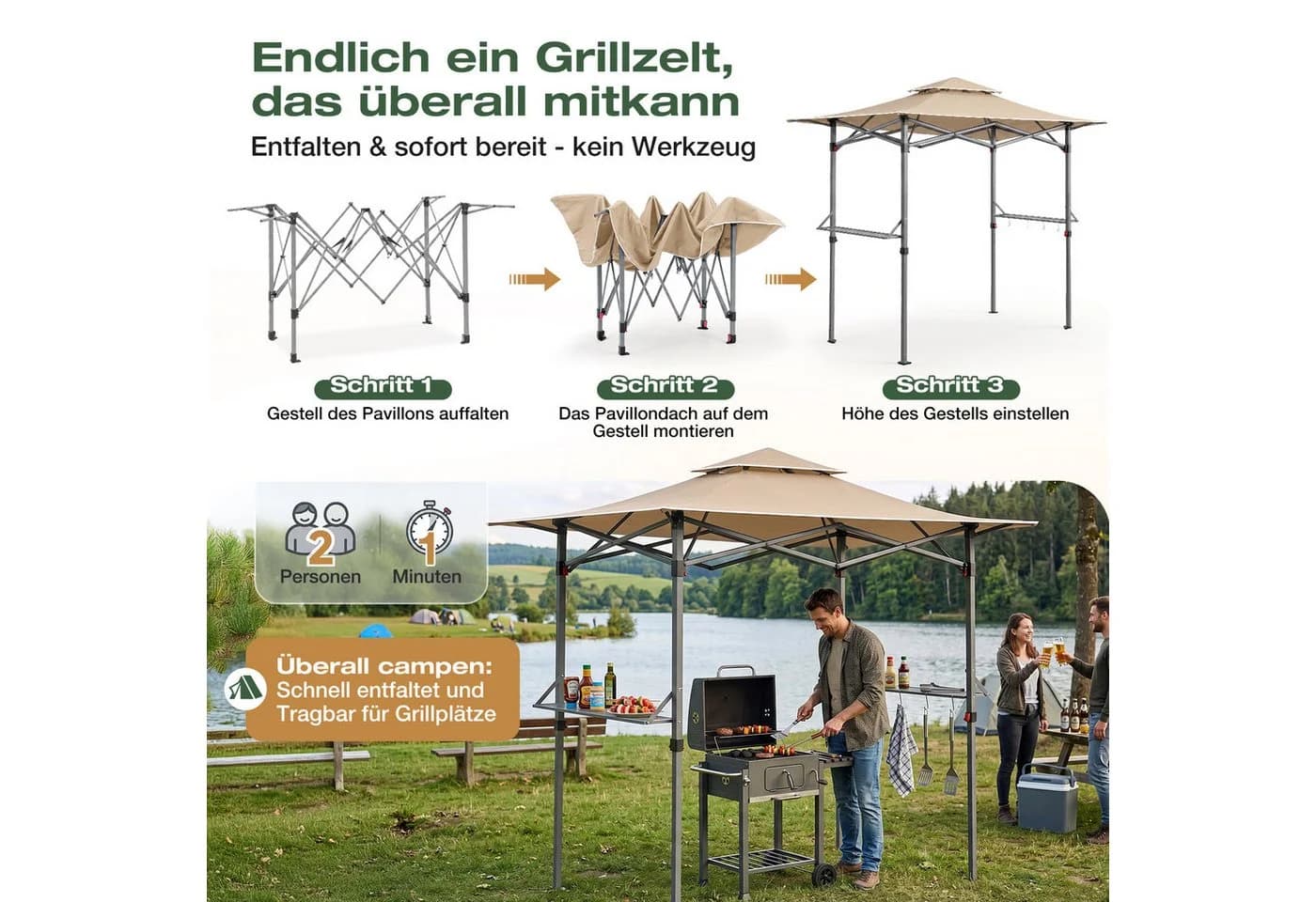 Sekey Grillpavillon Faltbar 250x150cm Taupe Wasserdicht